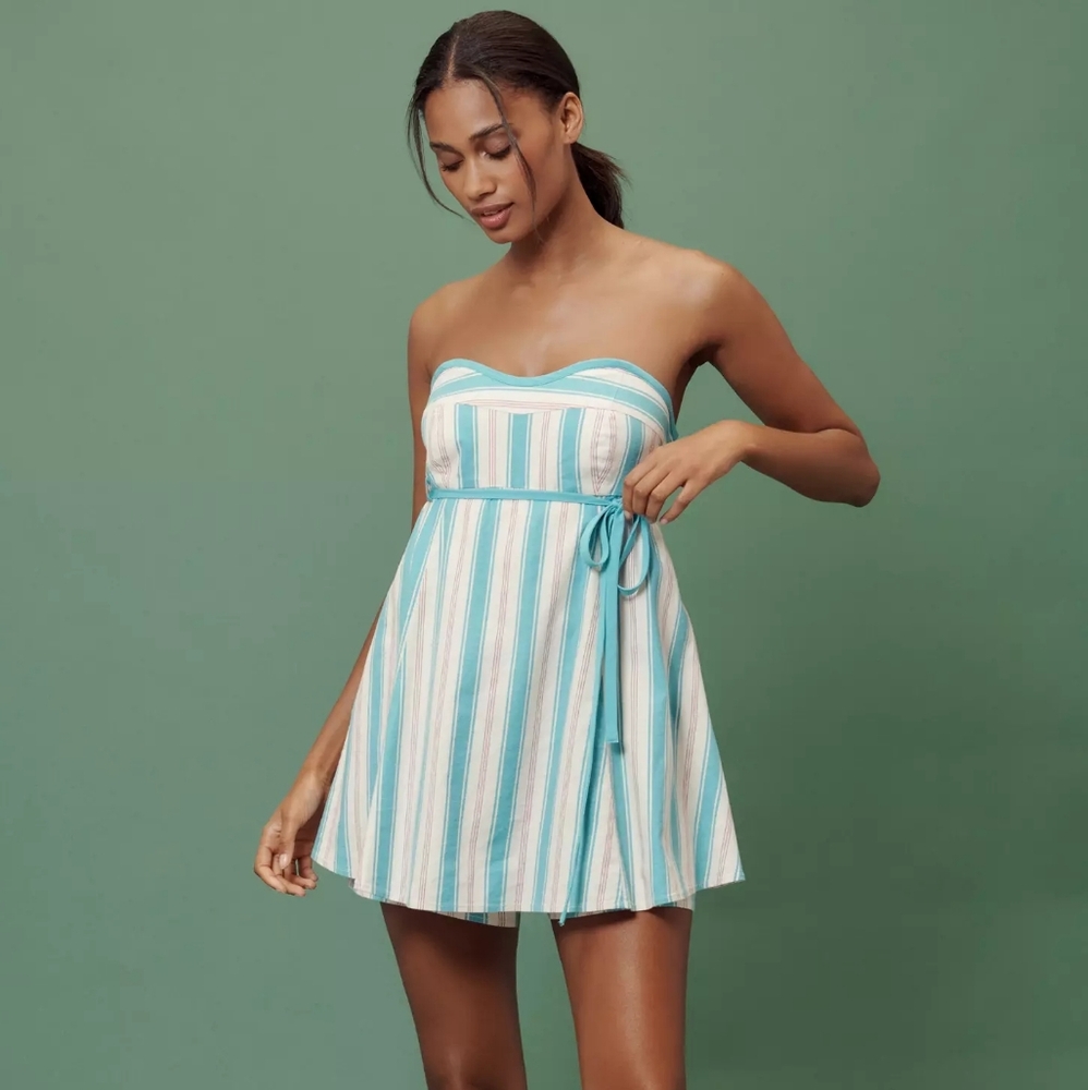 Anthropologie Strapless Striped Mini Romper in Aqua and White